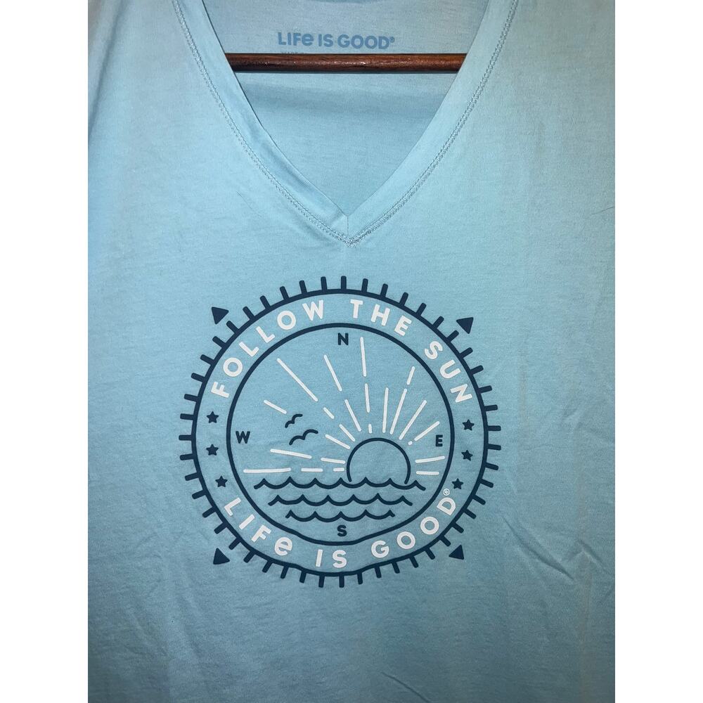 Womens Life Is Good Beach Shirt Follow The Sun Light Blue Top Tee Women Large - Picture 2 of 7